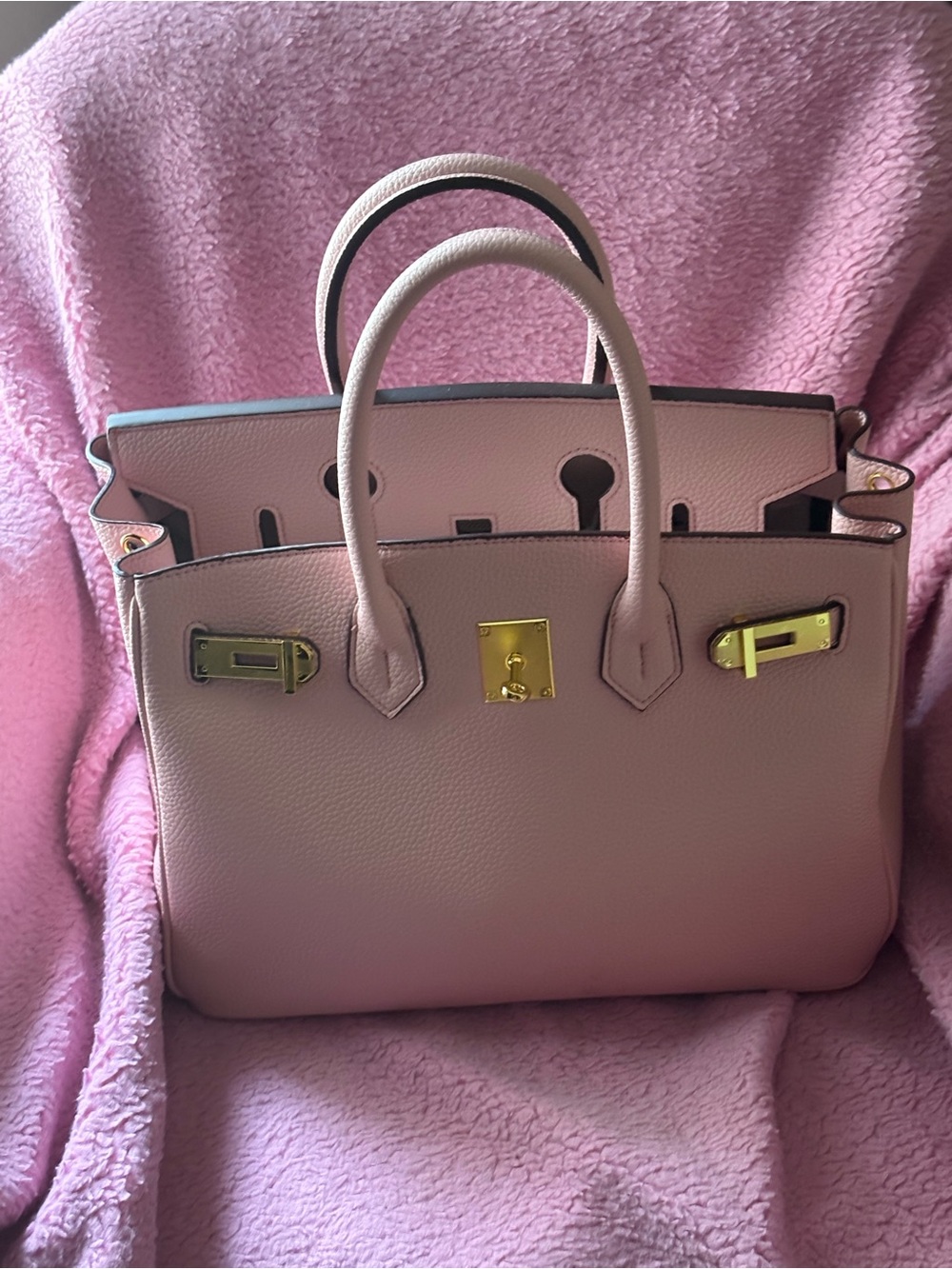 Classic Structured Pink Leather Tote Bag with Gold Hardware